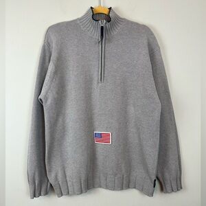 Vintage Y2K Chaps RALPH LAUREN Quarter Zip Flag Applique Cotton Gray Sweater M